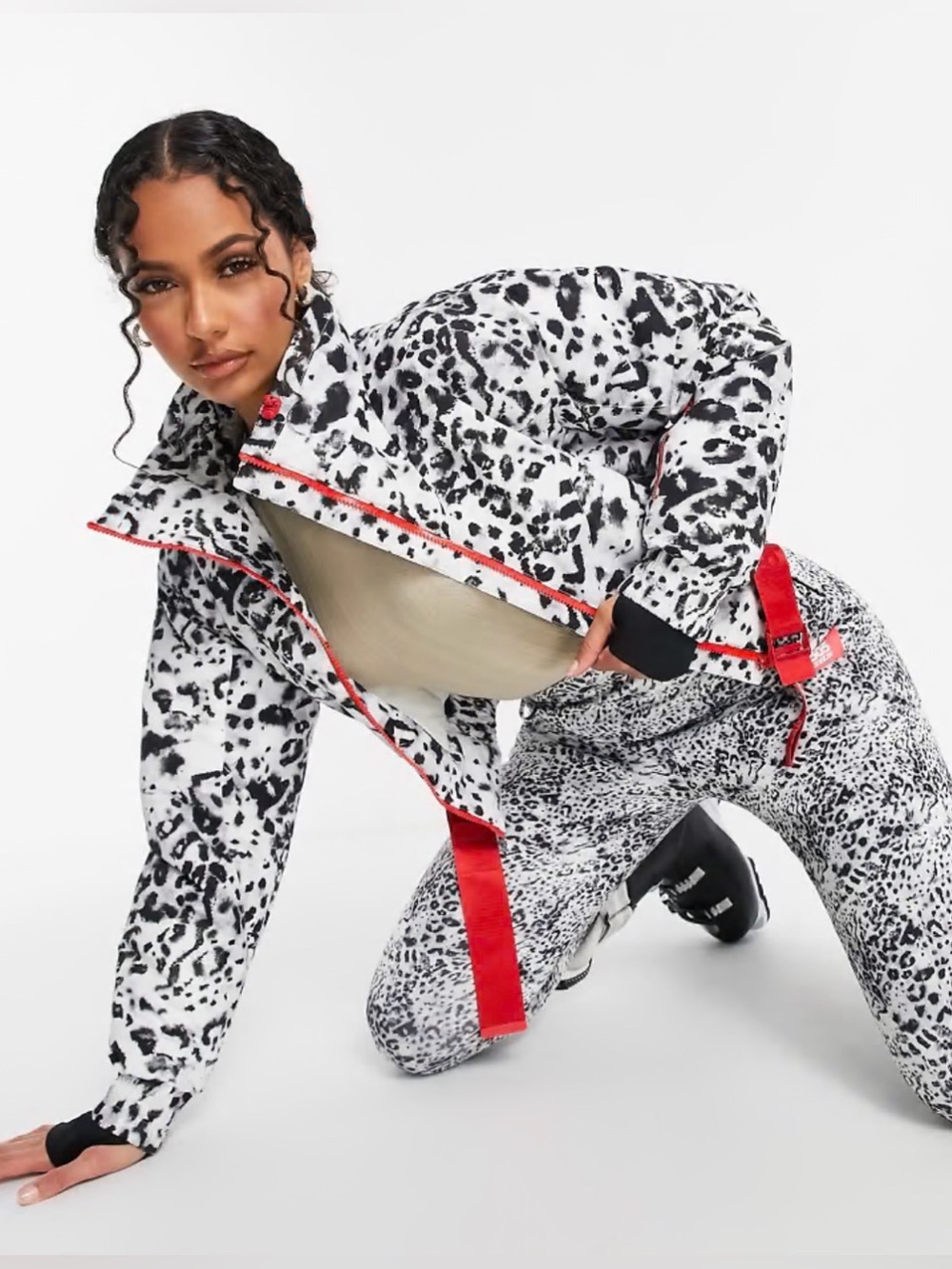 Leopard-Print Cropped Puffer Jacket with Red Trim